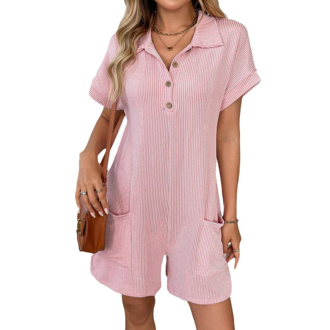 Turn-down Collar Buttoned Loose-fit Pocketed Short-sleeve Jumpsuit