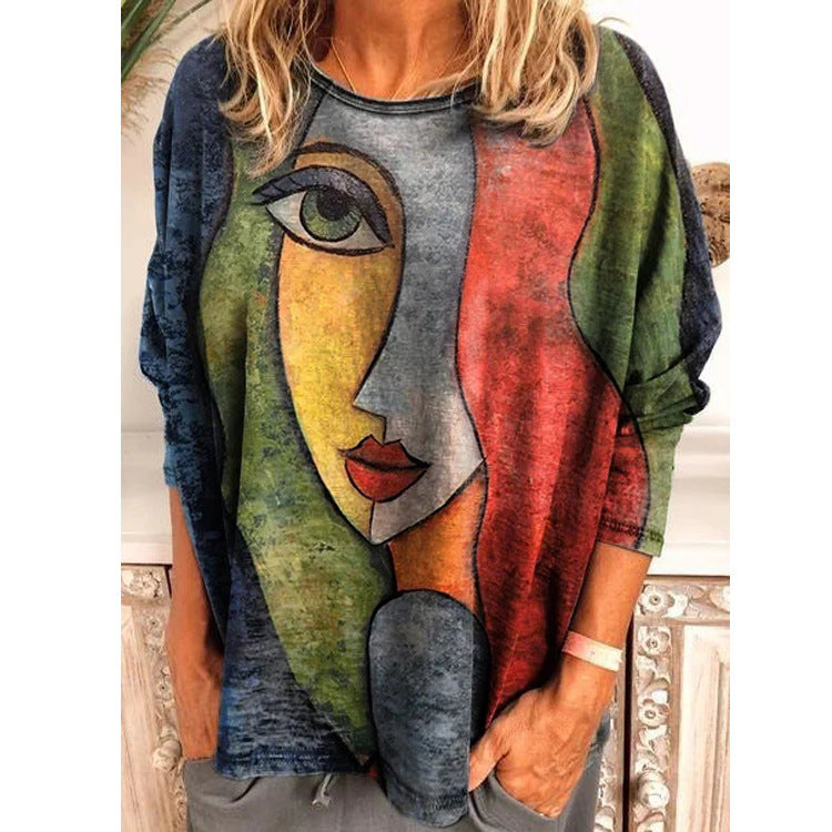 Artistic Face Print Long Sleeve Tee for Autumn