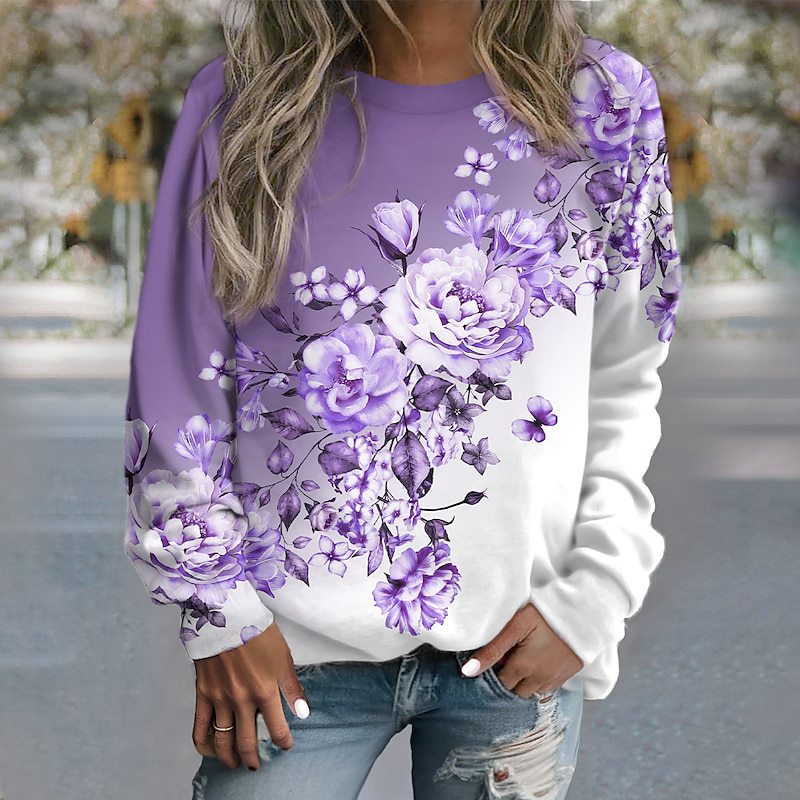Cozy Love Print Long Sleeve Round Neck Sweater for Women