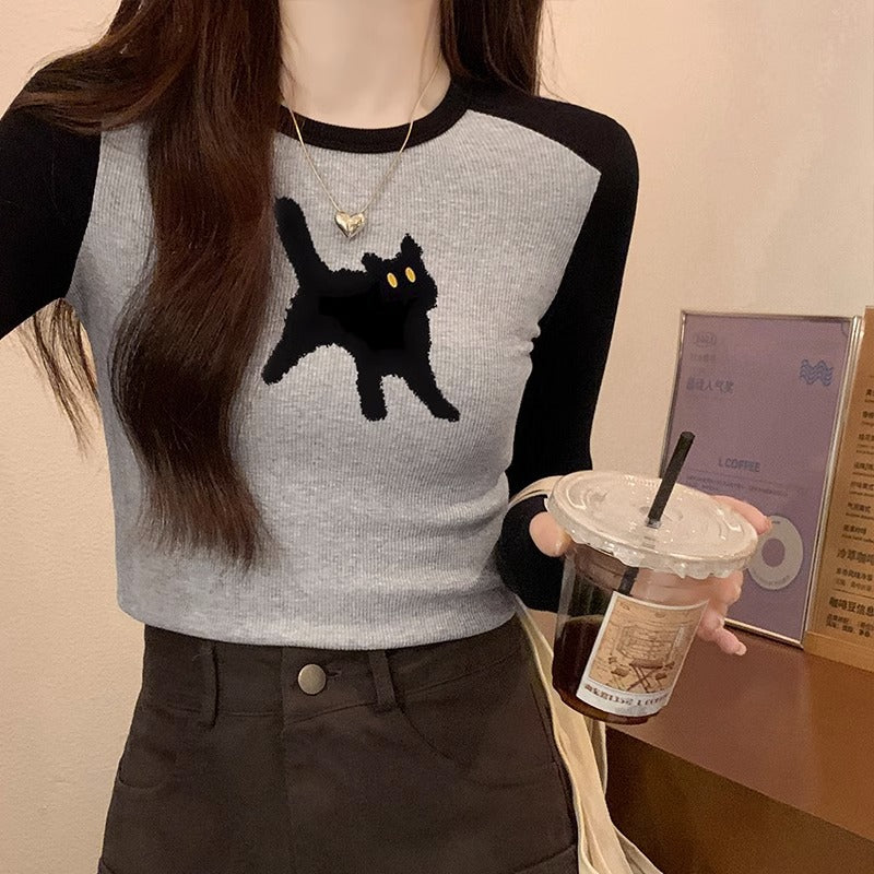 Women's Printed Color-Block Long-Sleeve Slim Top