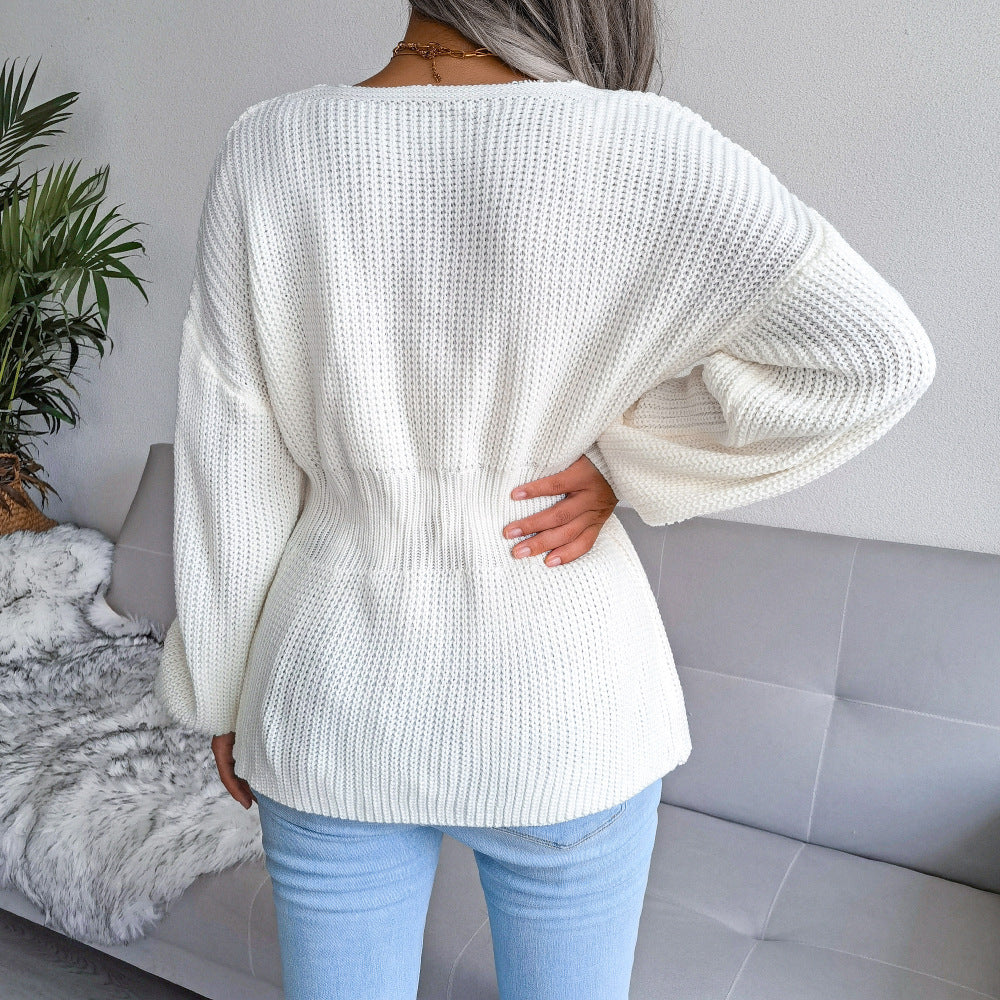 Women's Lantern Sleeve Waist-defined Hem Ruffle Knitted Sweater