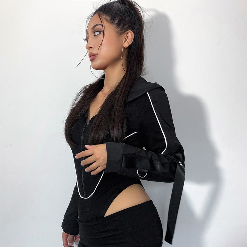 American Street Cool Locomotive Style Ribbon Zipper Hooded Long Sleeve Jumpsuit