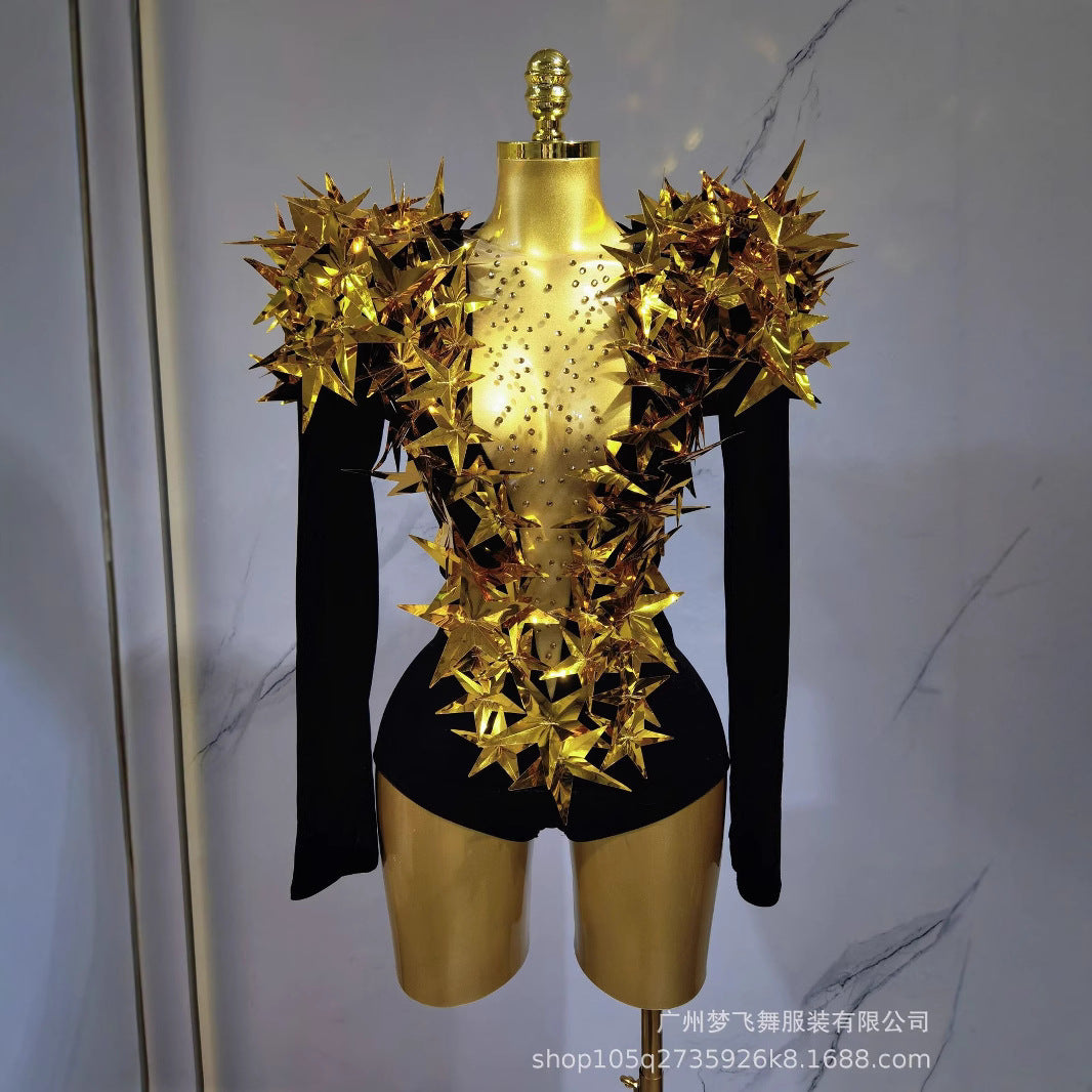Golden Star Padded Shoulder Jumpsuit Statement Stage Outfit