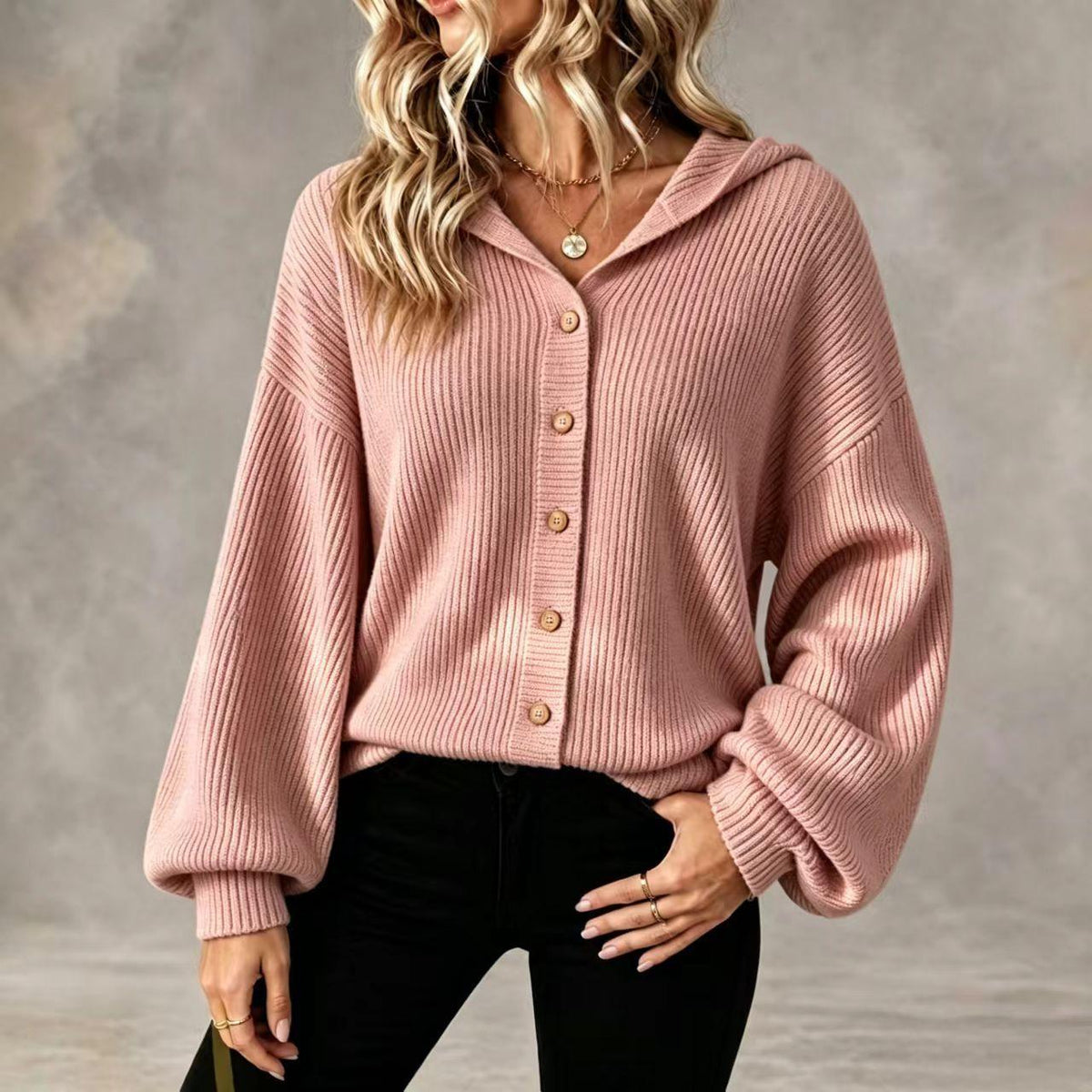 Hooded Knitted Cardigan Loose-sleeved Corduroy Coat with Buttons for Women