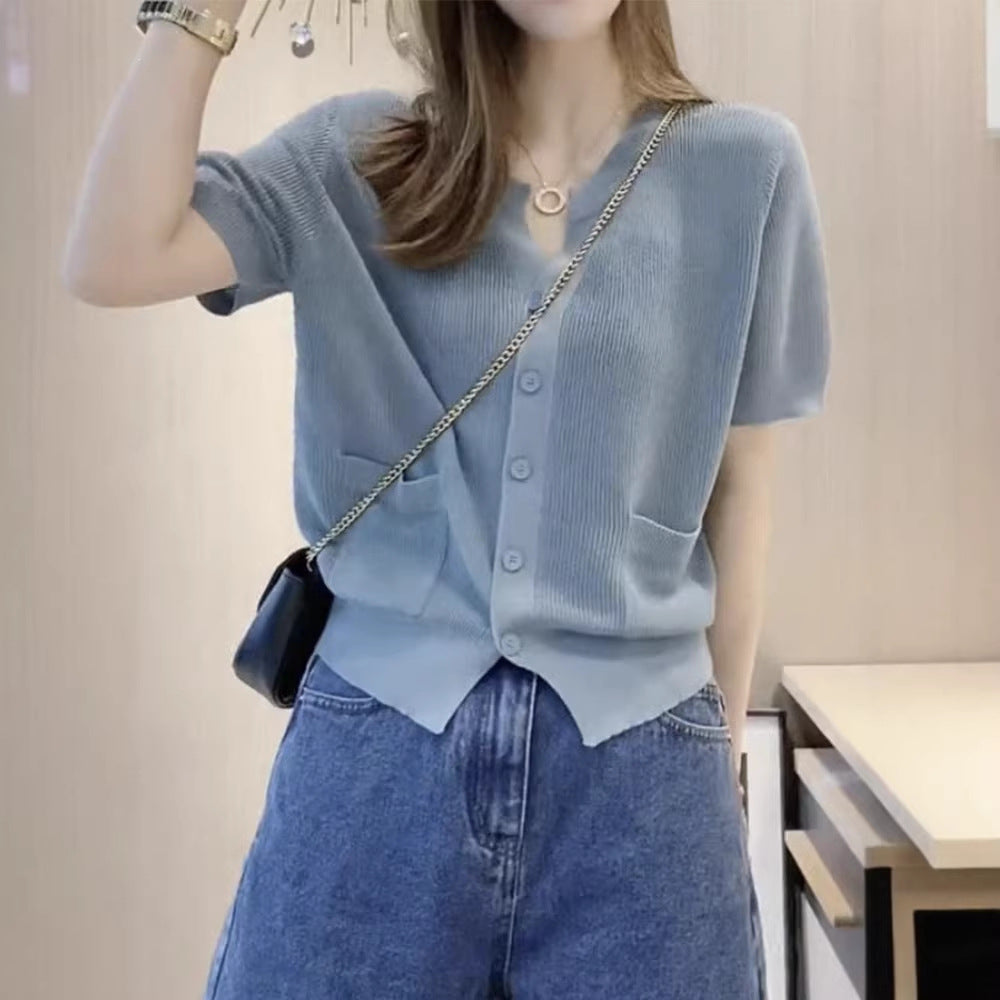 Comfortable Blue Knit T-Shirt for Women