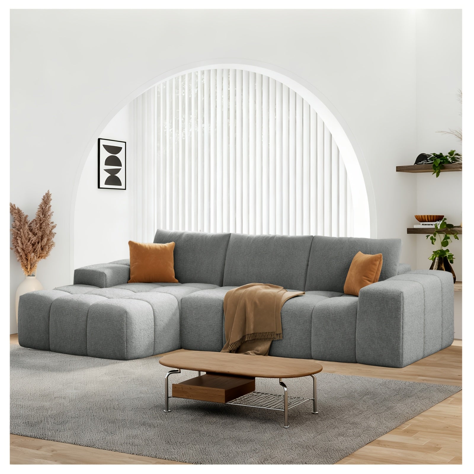 Modular L-shaped chaise longue sofa bed with deep seat and corduroy upholstery