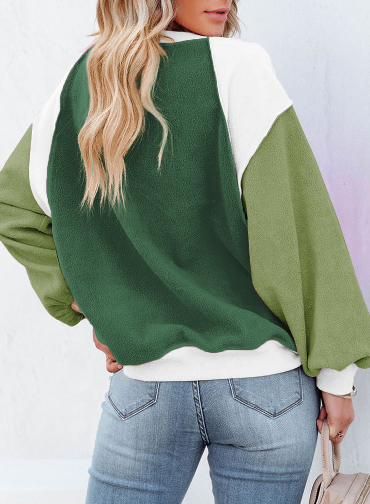 Cozy Colorblock Fleece Lantern Sleeve Pullover Top