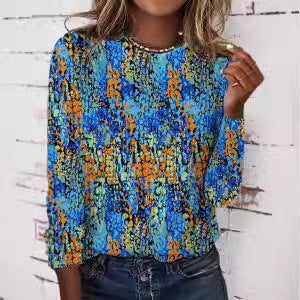 Gradient Floral Print Long Sleeve Round Neck Top