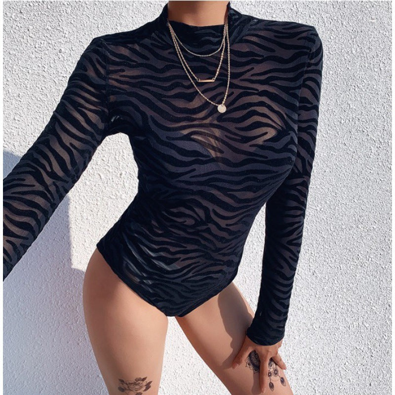 Sexy Black Slim Fit Long-Sleeved T-Shirt With Mesh Thin Base