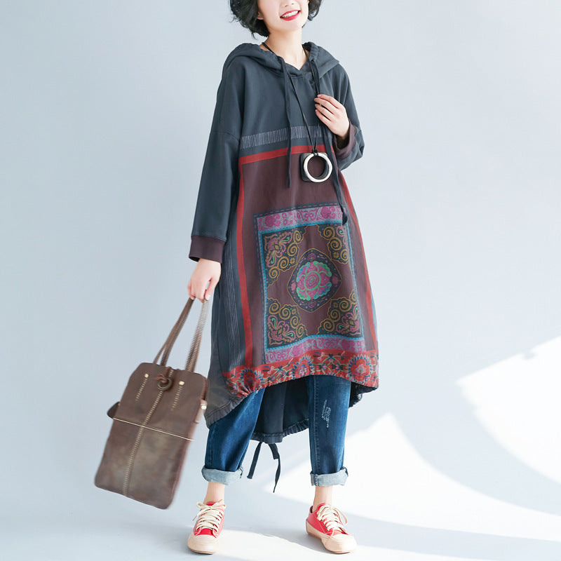 Gradient Print Loose Hooded Sweatshirt Dress