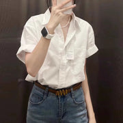 Green Cotton-Linen Off-Shoulder Short-Sleeve Shirt Womens Summer Thin Style