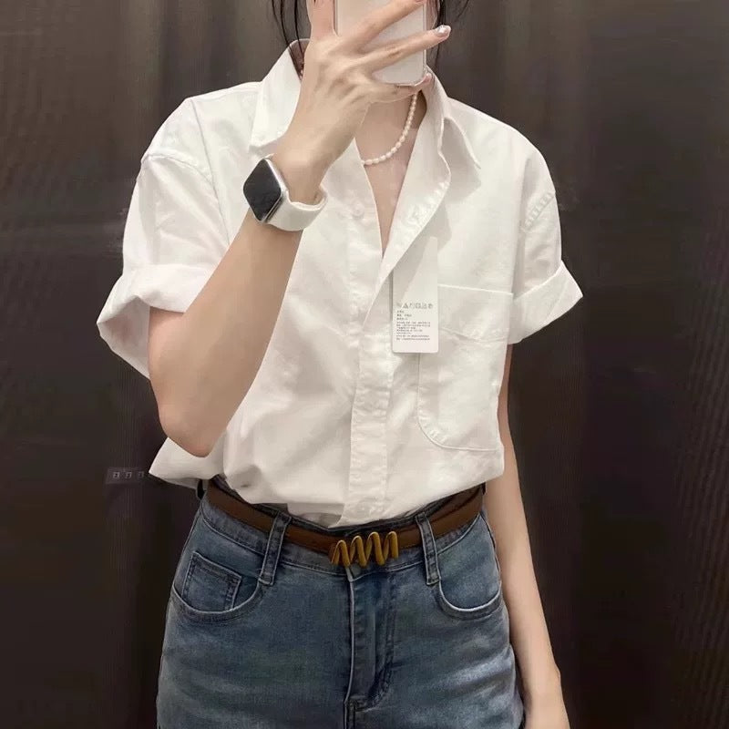 Green Cotton-Linen Off-Shoulder Short-Sleeve Shirt Womens Summer Thin Style