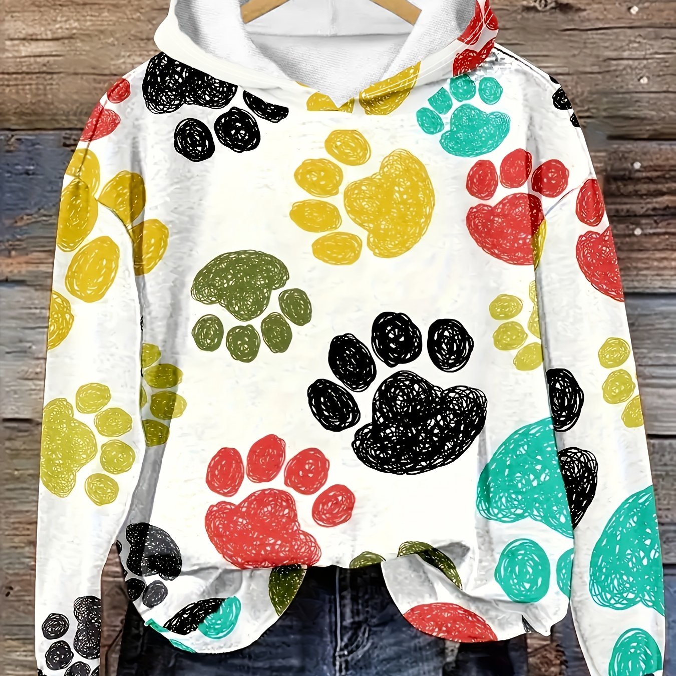 Plus Size Round Neck Loose Hooded Long Sleeve Printed Sweatshirt