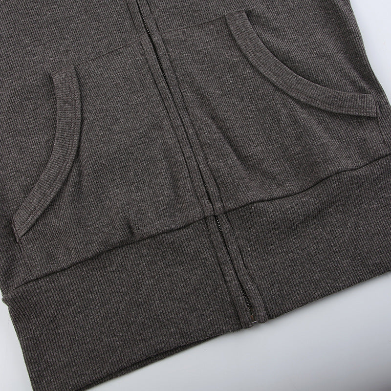 Women's Gray Ribbed Hooded Zip-Up Short Cardigan Sweater