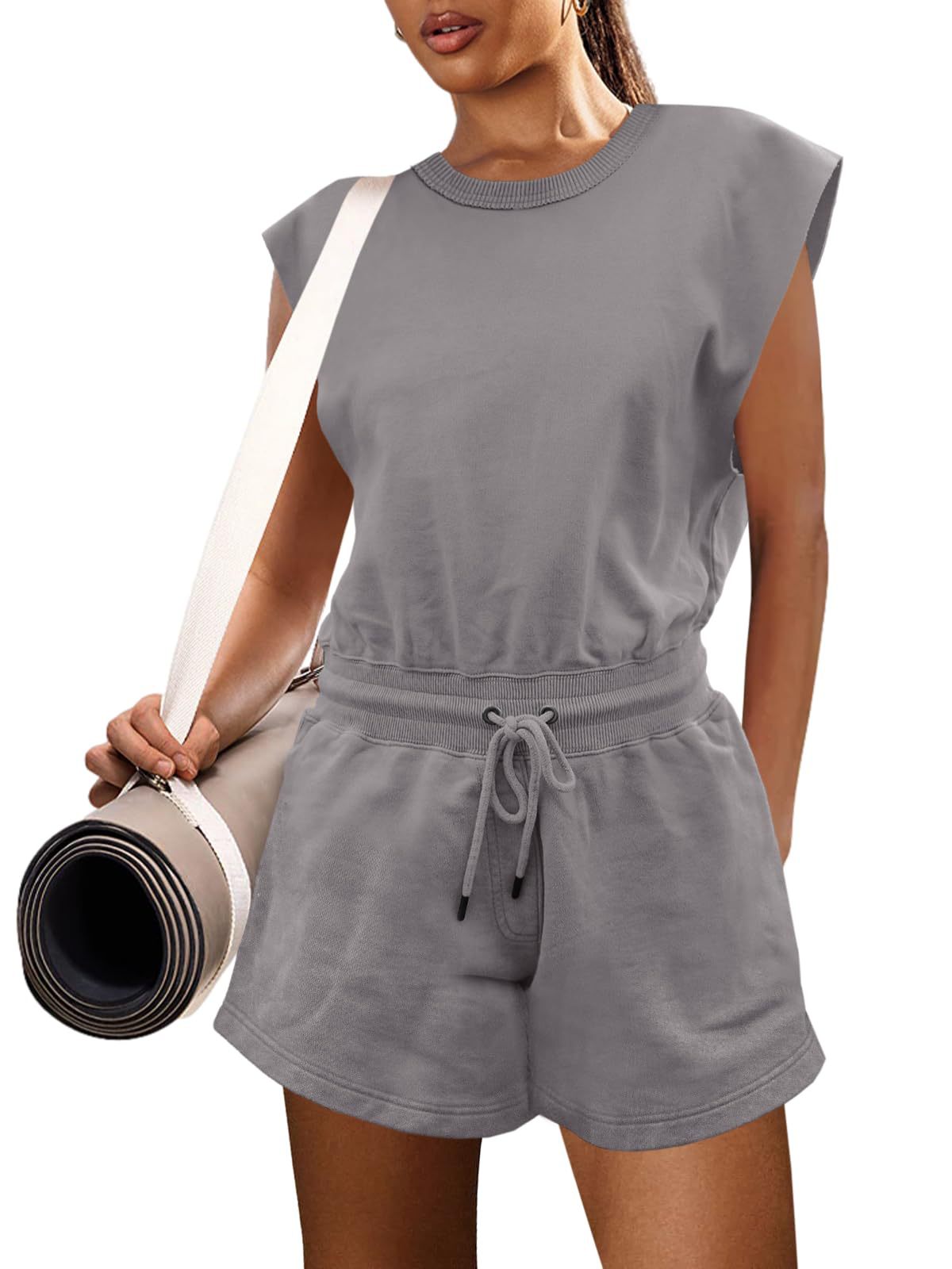 Casual Drawstring Waist Solid Color Sleeveless Jumpsuit