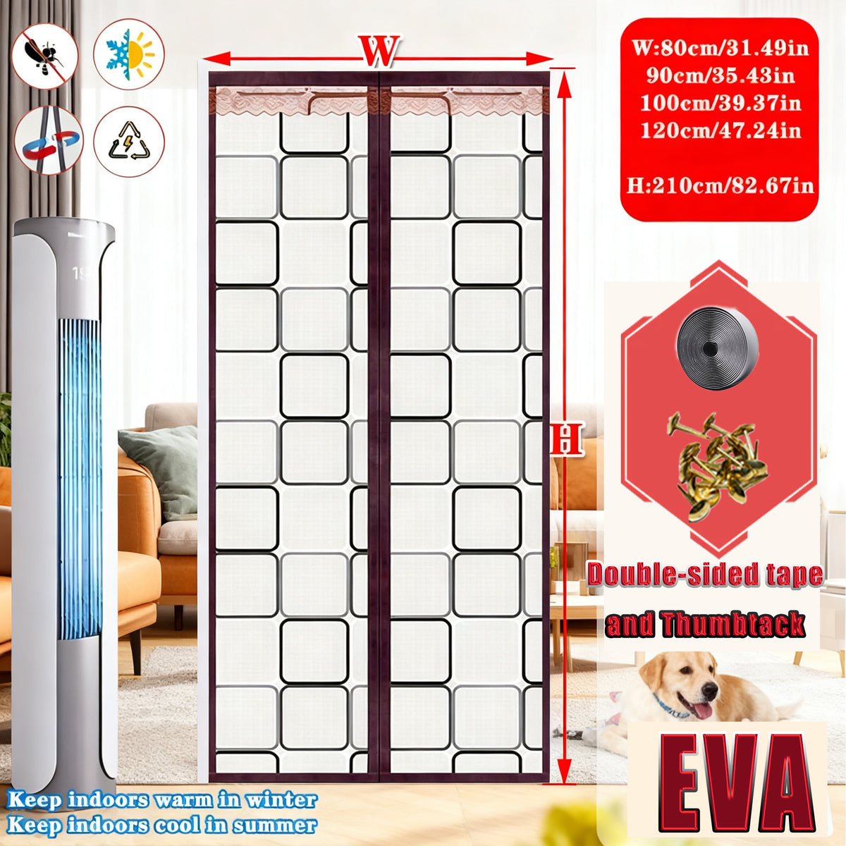 Classic Country-style Eva Polyethylene Air Conditioner Door Curtain, Magnetic Closure, Windproof, Blocks Cold Air, Smoke Barrier, Easy to Install, Suitable for All Seasons, Waterproof, Unlined, Plain