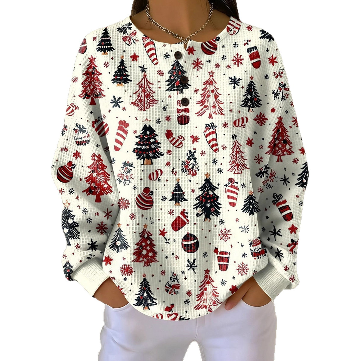 Retro 3d Digital-print Three-button Stand-up Collar Sweater