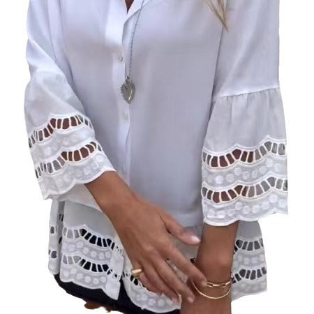 Lapel Long Sleeve Lace Ruffles Lotus Leaf Loose Shirt