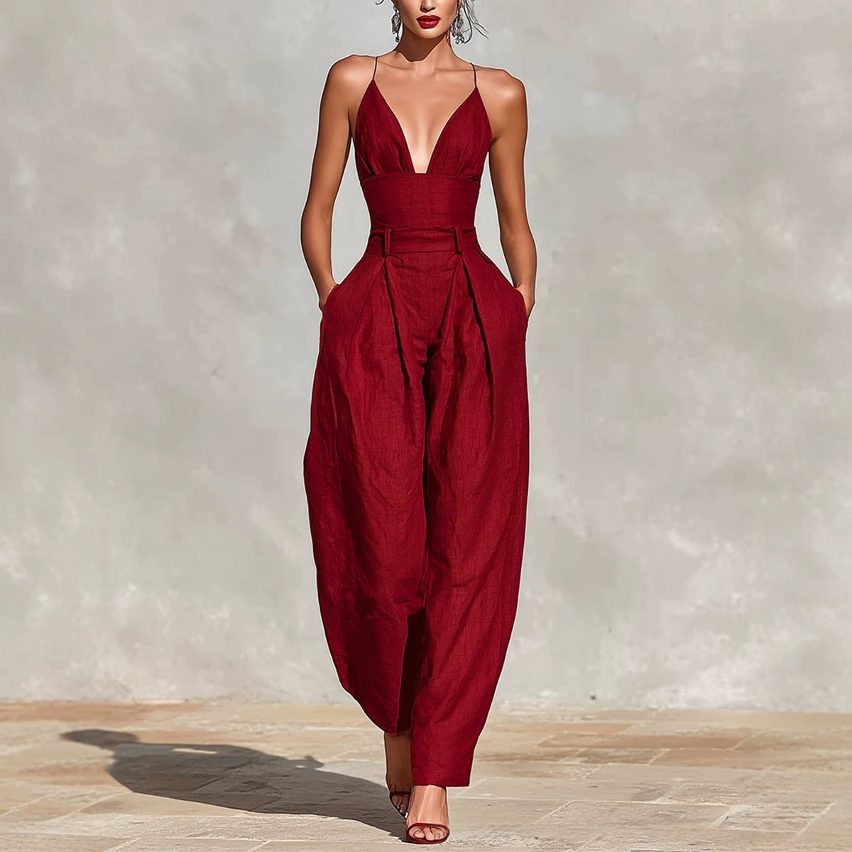Minimalist Linen Crew-Neck Sleeveless Jumpsuit