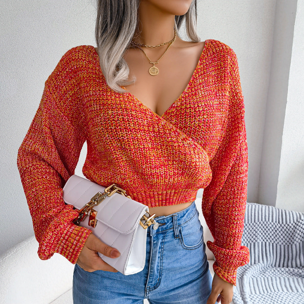 Women Colorful Cross V-neck Lantern Sleeve Cropped Sweater