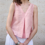 V-neck Solid-color Cotton-linen Loose Womens Top
