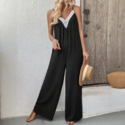 Women's Casual Lace-Patchwork Strap Wide-Leg Jumpsuit