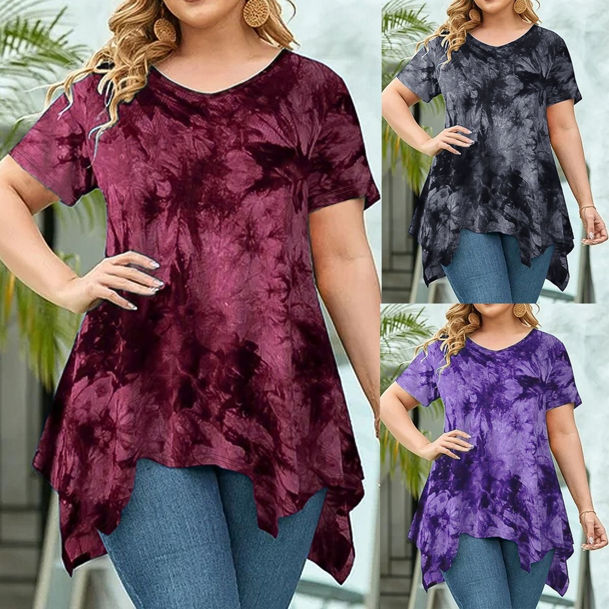 Tie-Dye V-Neck Loose Top – Trendy 3D Embossed Short Sleeve