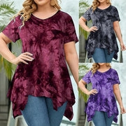 Tie-Dye V-Neck Loose Top – Trendy 3D Embossed Short Sleeve
