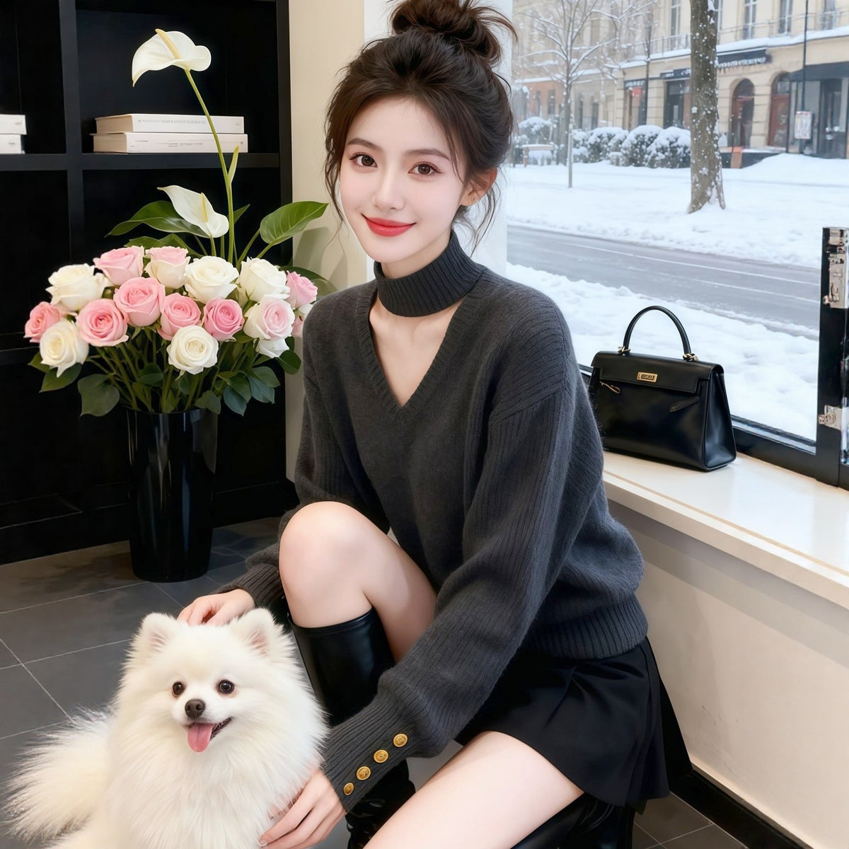 Necklace-style V-neck Knit Sweater for Women