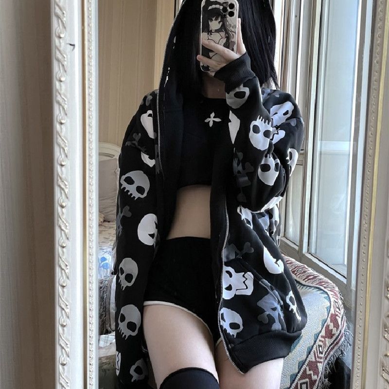 Oversize Skull Zip Hoodie | Edgy Dark Wind Cardigan