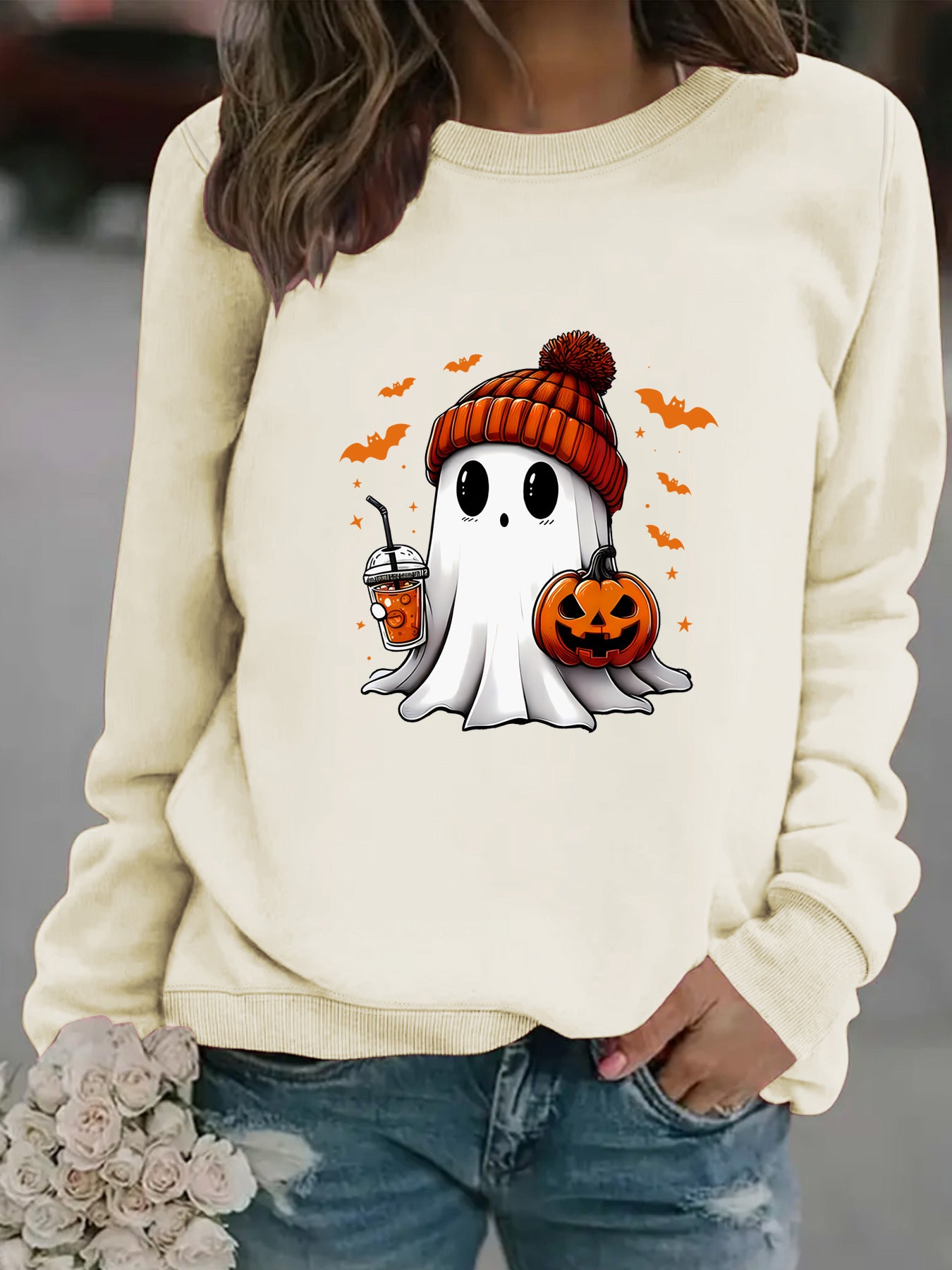 Ghost Snowman Print Crewneck Sweater