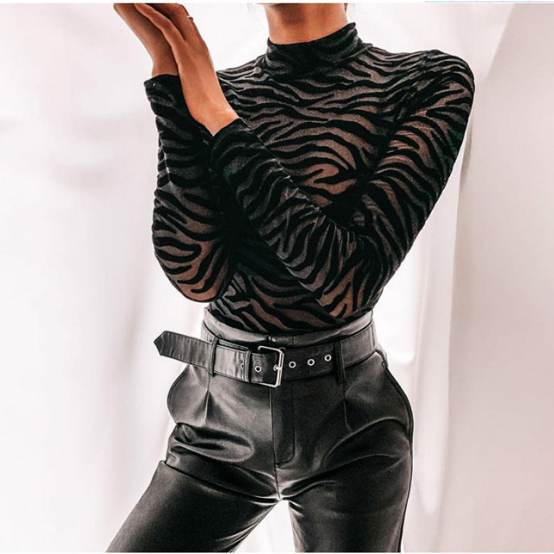 Sexy Black Slim Fit Long-Sleeved T-Shirt With Mesh Thin Base