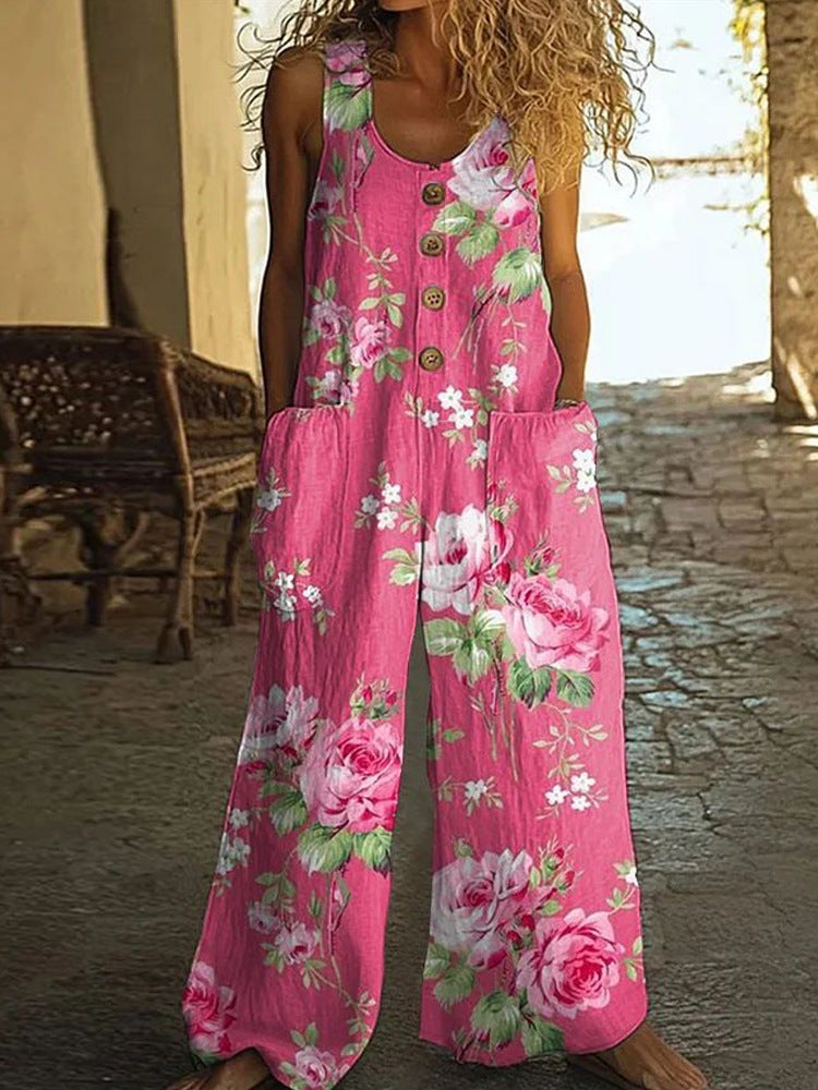 Women's Floral Sleeveless Pocket Jumpsuit
