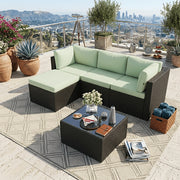 Discount! 5pcs L-Shaped Rattan Patio Sofa Set with Cushions, Glass Coffee Table And Ottoman, Perfect for Patio, Backyard, Garden, Balcony, Terrace, Poolside, Porch, Villa Outdoor Areas, Homestays, And Restaurant Outdoor Lounges