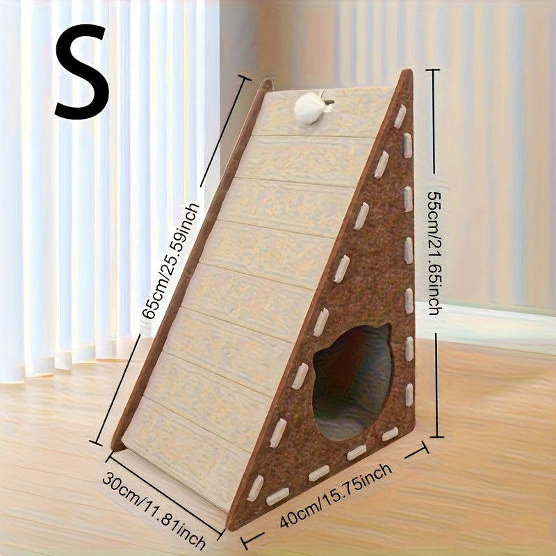 2-in-1 Triangle Cat Scratching Pad Felt Bed With Plush Toy Ball, Durable And Shed-free Structure For All Seasons Indoor Cats To Play Rest & Sharpen Claws, Feline Enrichment, Claw Sharpening, Modern