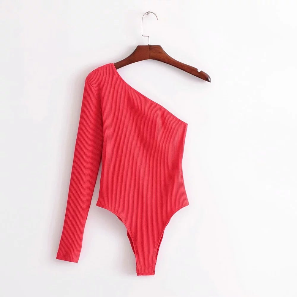 Women's Autumn Thread Elastic Diagonal Collar One-piece Bottoming Shirt