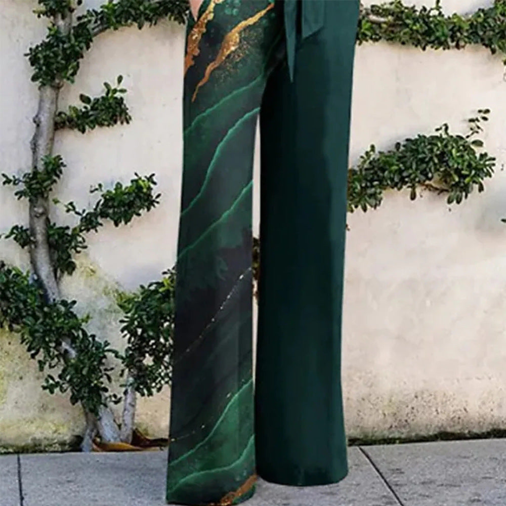 Women's Printed Long Sleeve Lapel Casual Jumpsuit