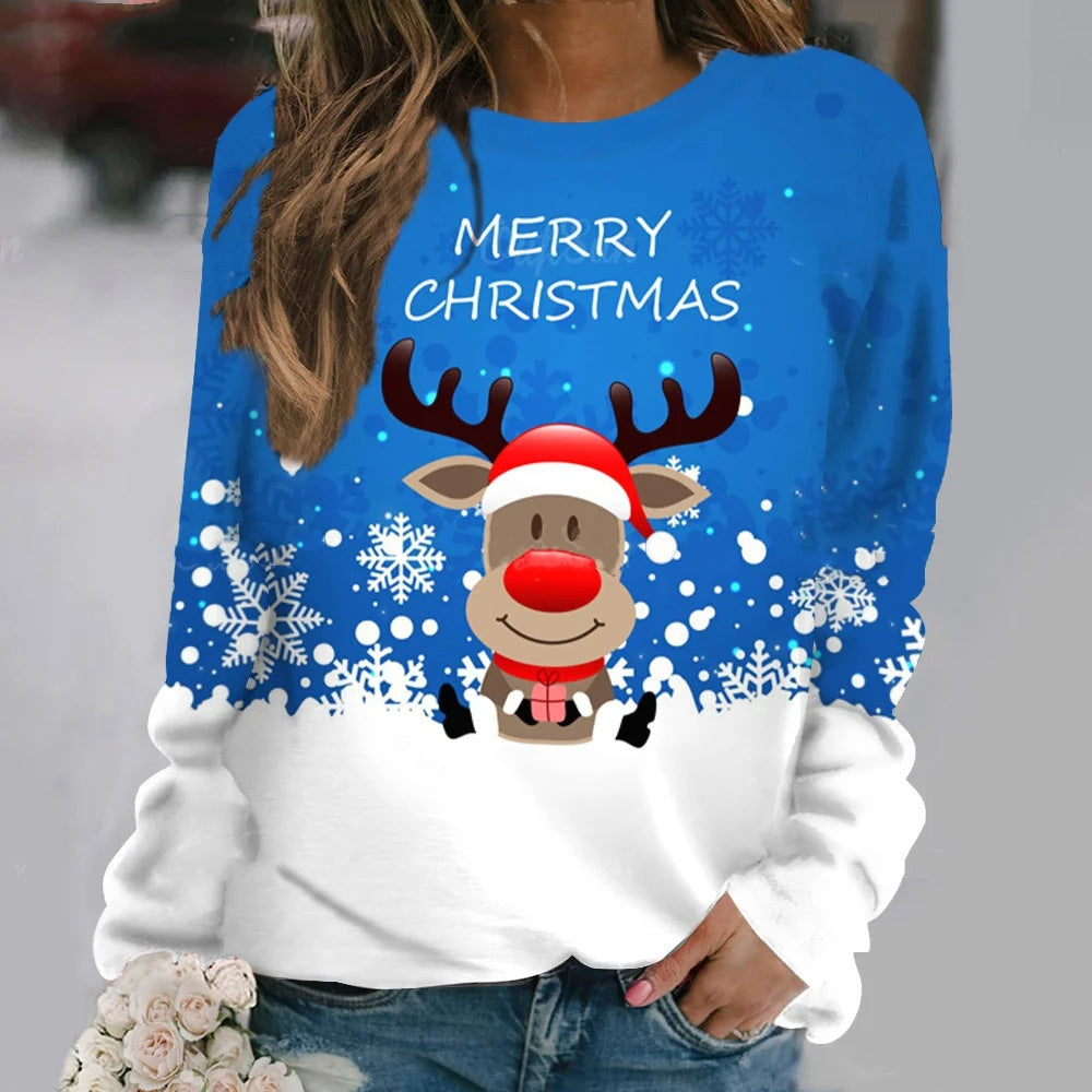 Women's 3D Cartoon Elk Print Loose Long Sleeve Sweatshirt