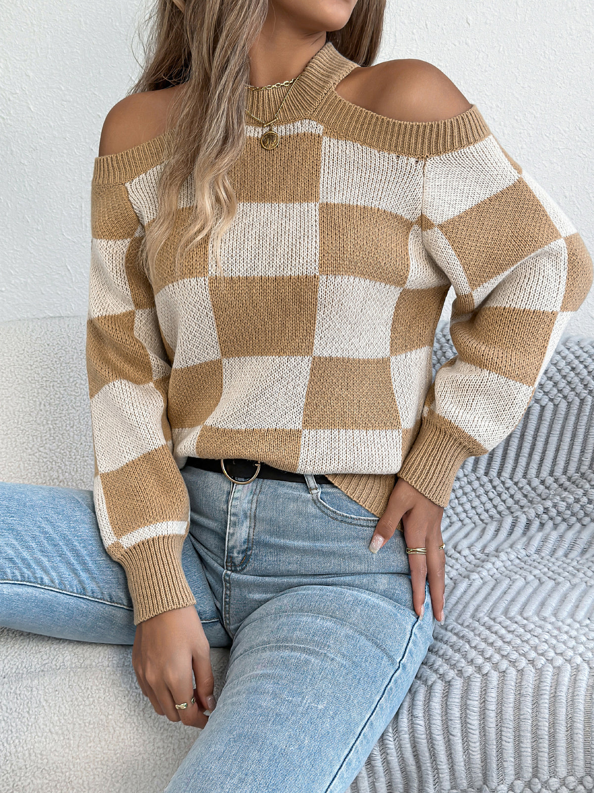 Women's Off-shoulder Color-blocked Plaid Lantern Sleeve Sweater