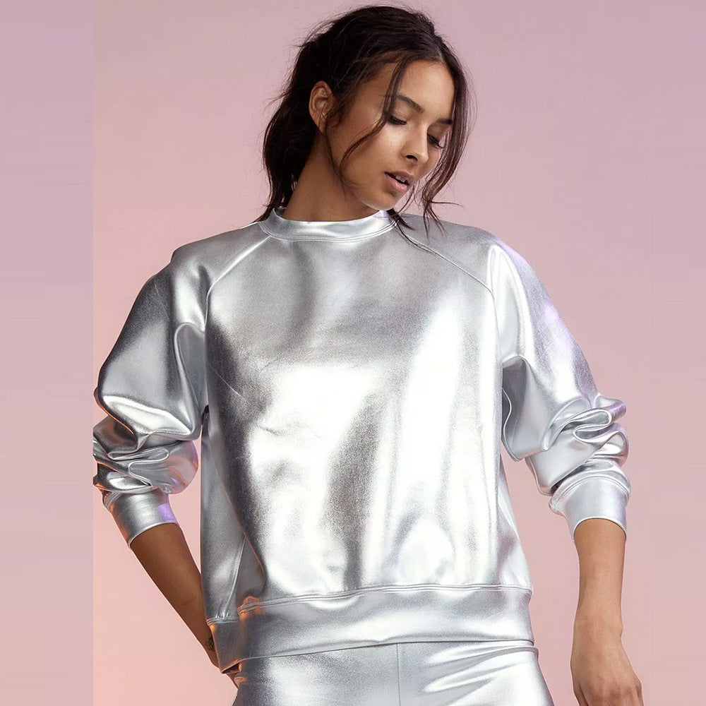 Faux Leather Long Sleeve Round Neck Top
