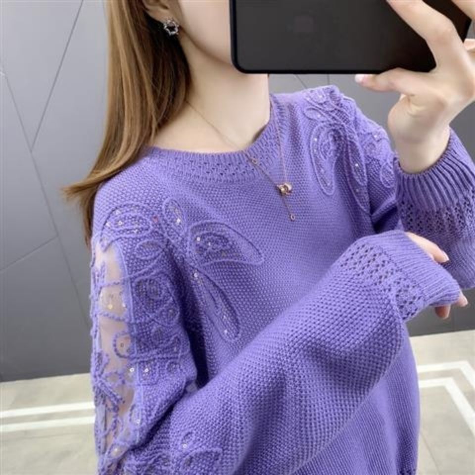 Pullover Lace Bottoming Shirt Long Sleeve Loose Hollow Knitted Sweater for Women