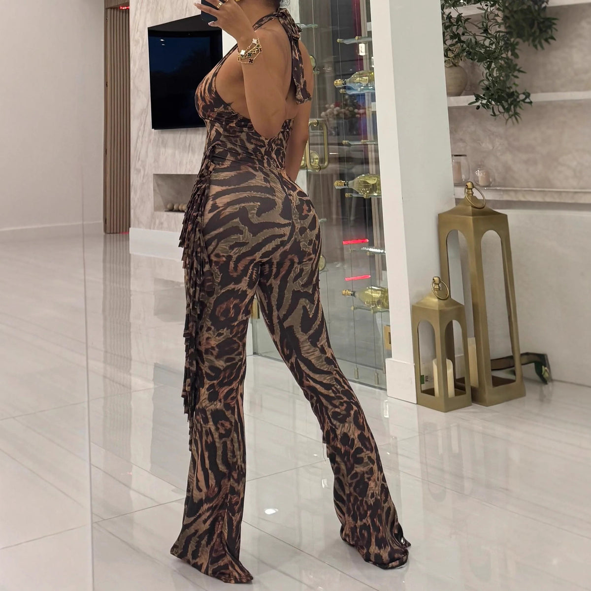 Backless Fringed Halter Leopard Flared Jumpsuit