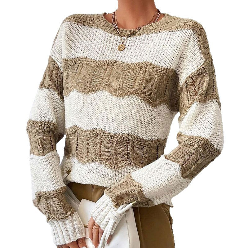 Twisted-knit Striped Color-block Long-sleeve Crew-neck Sweater