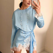 Womens Loose Round-Neck Lace-trimmed Long-Sleeve Shirt