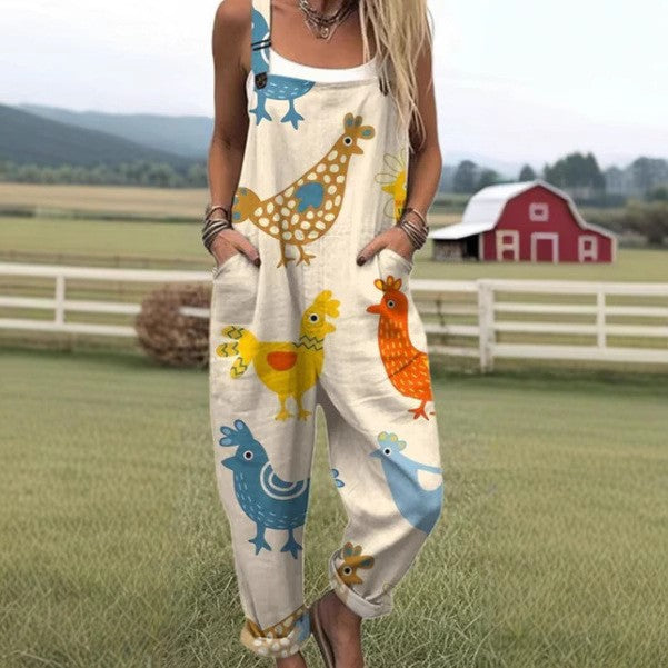 Women's Sweet Digital Print Button Suspender Casual Pants