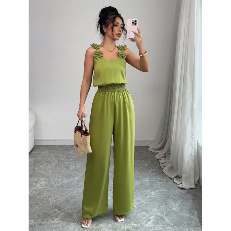 Chic High-Waist Wide-Leg Suspender Jumpsuit