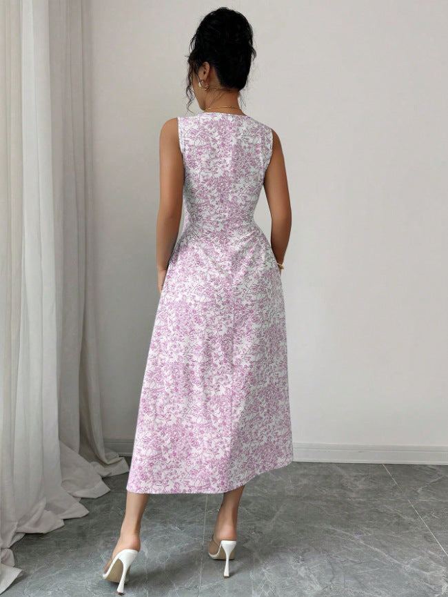 Floral Print Square-Neck Slimming Sleeveless Dress