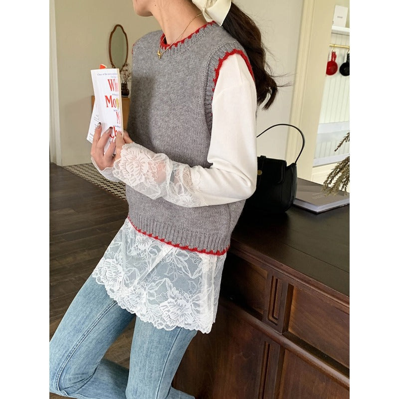 Womens Color-block Seamed Crew-neck Knitted Vest