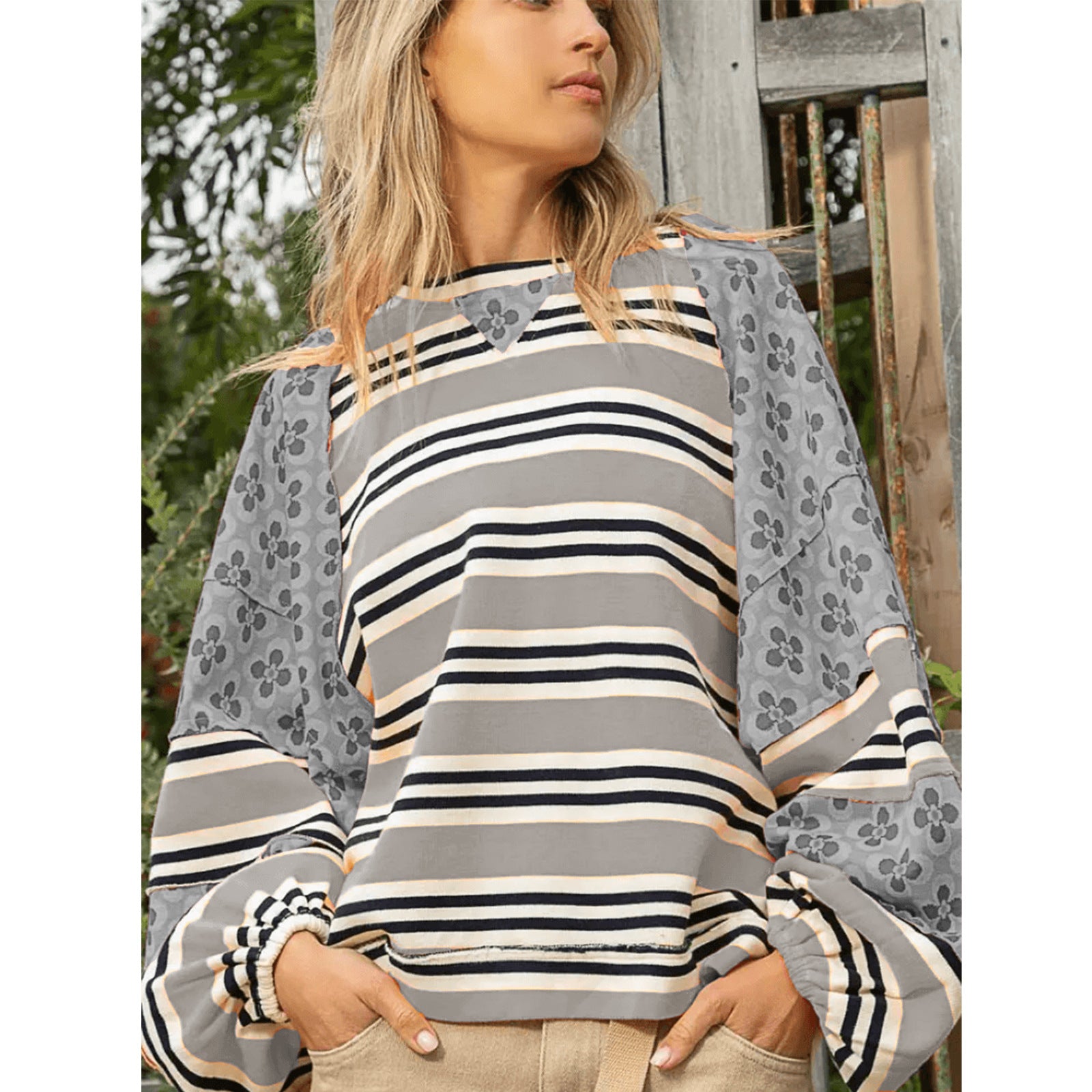 Women's Color Block Print Loose Long Sleeve Pullover Top