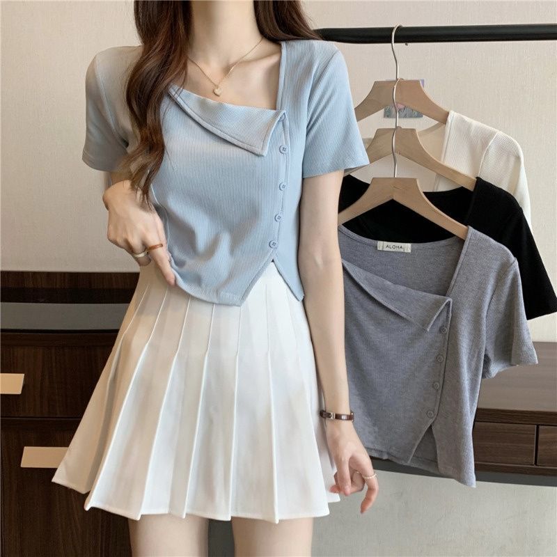 Chic Irregular Collar T-Shirt – Split-Shoulder Style, Short Sleeve
